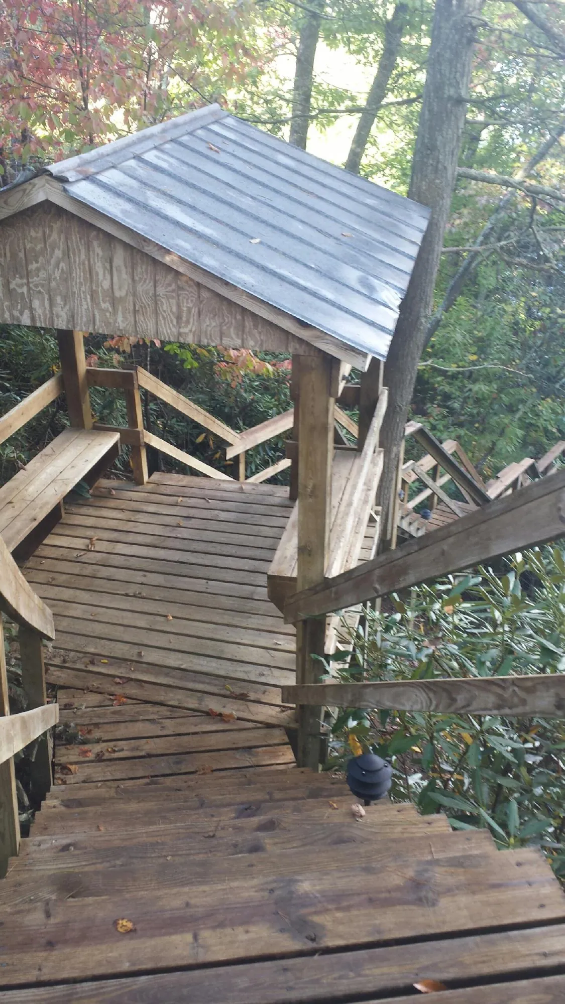 Metal roofed shelter over wooden steps on a wooded walkway — Skylight Repair & Installation work by our crew in Gaffney